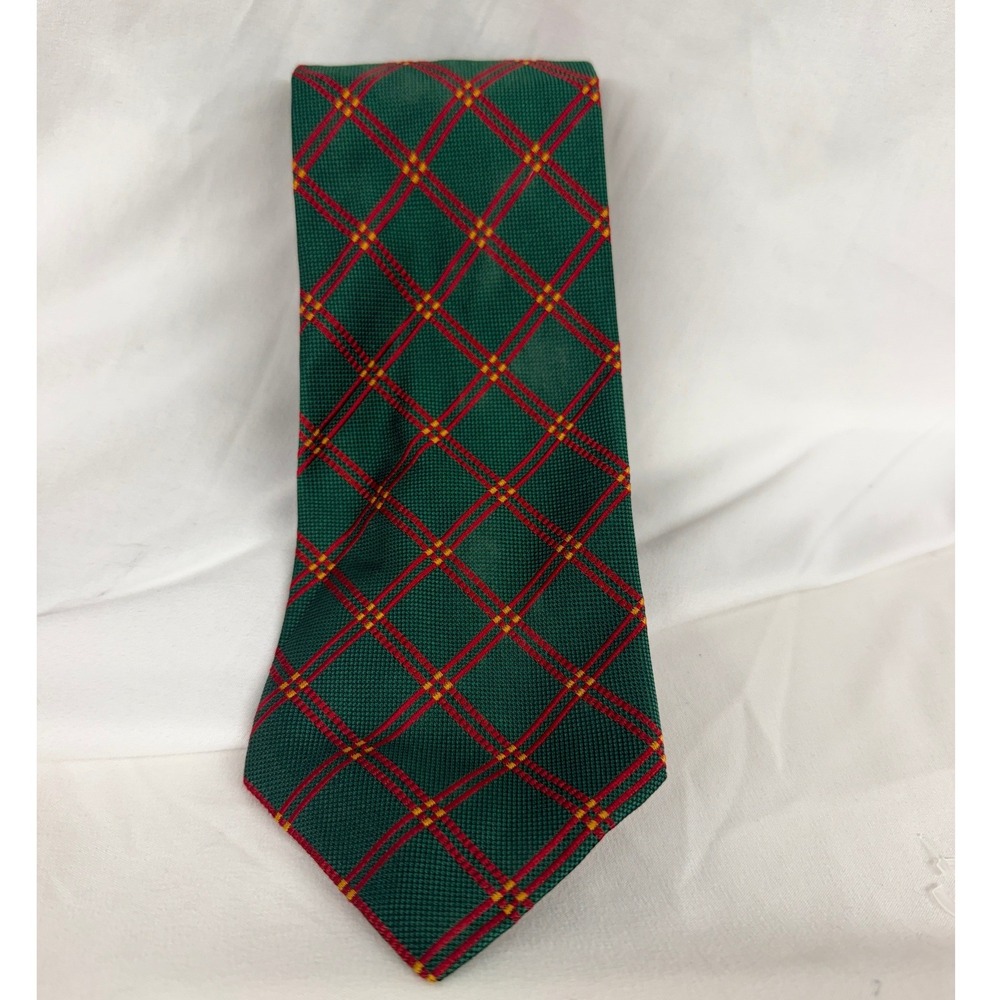 VIntage 90s Ralph Lauren Mens Silk Tie Green Red Plaid Hand Finished Made in USA